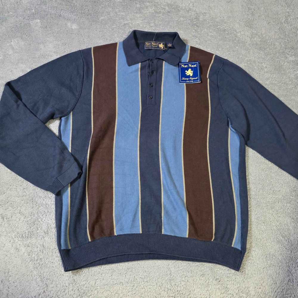 Nat Nast Mens M Polo Sweater Blue Brown Striped Long Sleeve Cotton Blend Knit